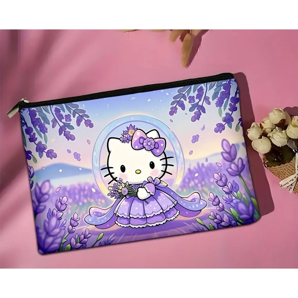 Hello Kitty Floral Purple Makeup/TRAVEL‎ BAG Canvas Cat Zipper Pouch Lightweight